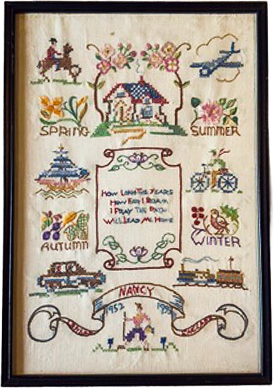 1950s Handmade Needlepoint Cross-Stitch "Lead Me Home" Framed 19"x13" Sampler